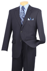Mens Modern Fit 2 Button No Pleated Flat Front Pants Pinstripe Suit in Navy