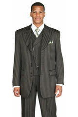 Mens Vested Wide Peak Lapel Ton on Ton Stripe Fashion Suit in Olive