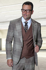Men's Designer One Button Peak Lapel Italian Wool Suit with Double Breasted Vest in Brown Houndstooth Plaid
