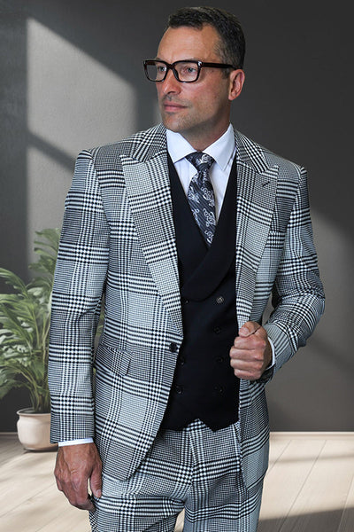 Men's Designer One Button Peak Lapel Italian Wool Suit with Double Breasted Vest in Black & White Houndstooth Plaid 1 EMILIA-BLACK-36S  - from alligatorwarehouse.com