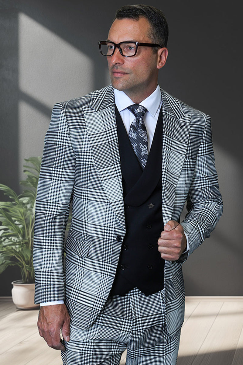 Men's Designer One Button Peak Lapel Italian Wool Suit with Double Breasted Vest in Black & White Houndstooth Plaid