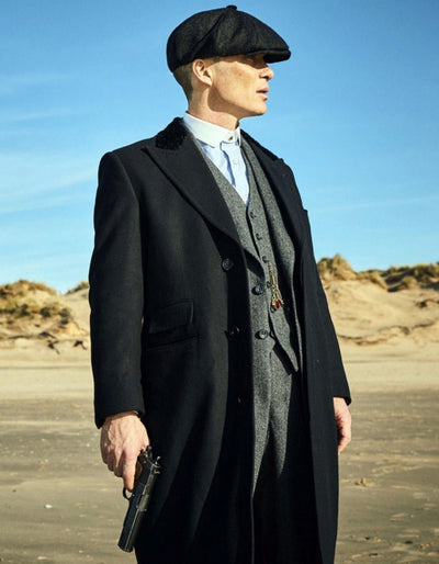 Mens Costume Thomas Shelby Grey Vested Suit with Black Overcoat & Hat 1 JJ-0449  - from alligatorwarehouse.com