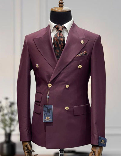 Mens Designer Modern Fit Double Breasted Wool Suit with Gold Buttons in Maroon 1 WH-8230  - from alligatorwarehouse.com