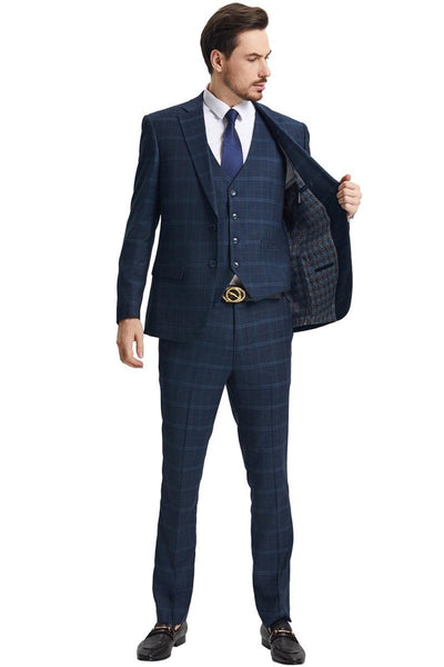 Men's Stacy Adams Vested Modern Fit Windowpane Plaid Suit in Navy Blue 4 SM159H1-155-38R  - from alligatorwarehouse.com