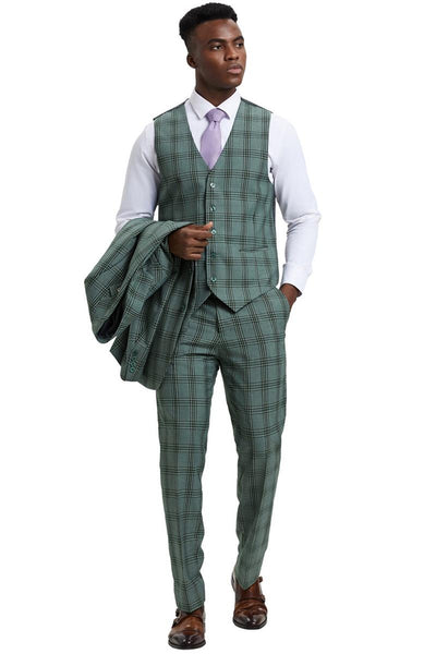 Men's Stacy Adams Two Button Vested Glen Plaid Check Suit in Light Olive Green 3 SM166H1-05-38R  - from alligatorwarehouse.com