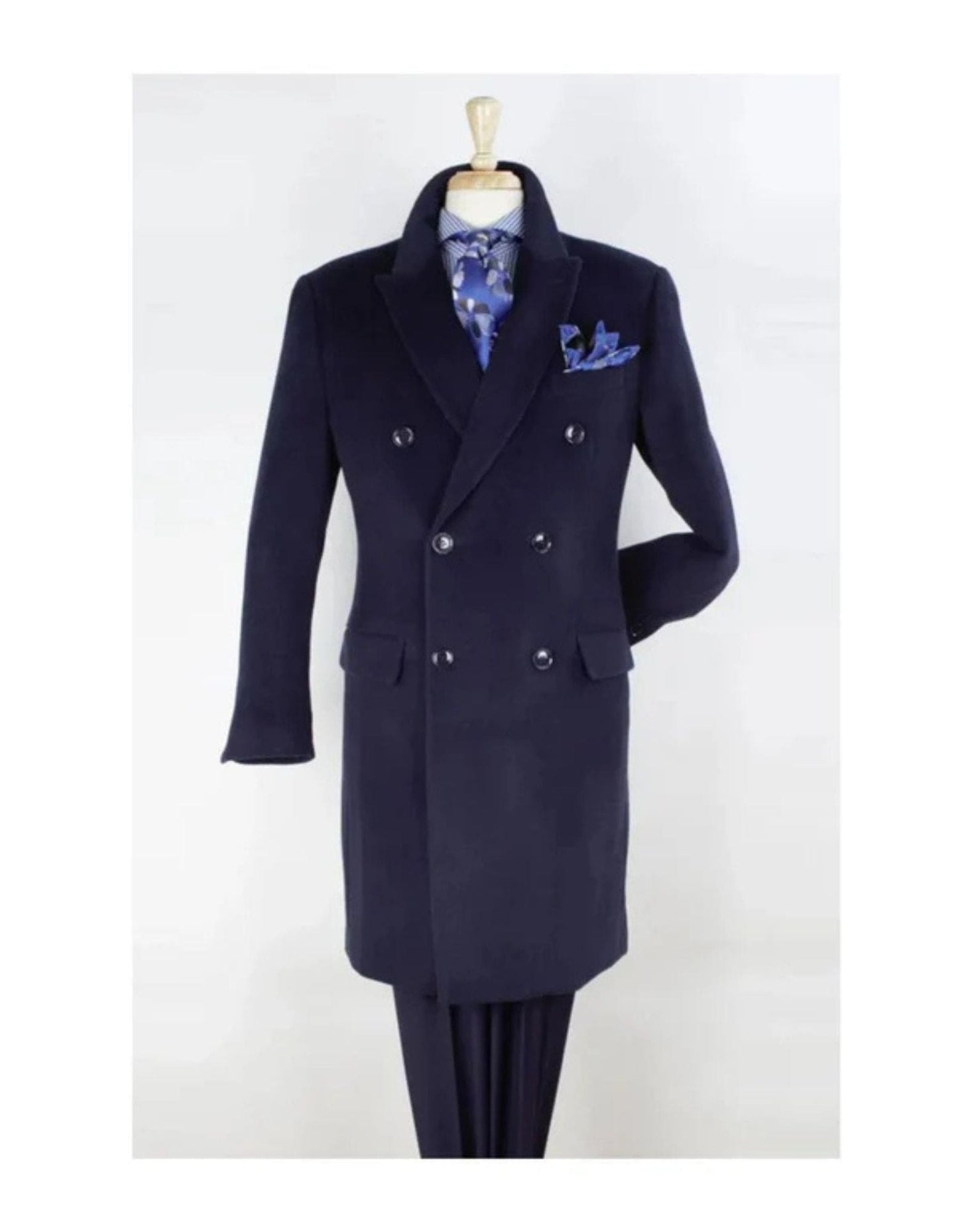 "Men's Navy Wool Peacoat – Double Breasted 3/4 Length Overcoat"