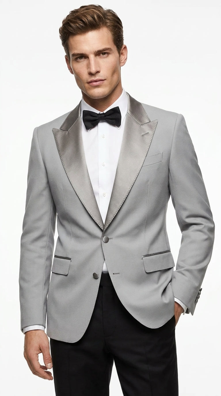 Men’s Silver Dinner Jacket – Satin Peak Lapel Tuxedo Blazer for Weddings, Prom & Formal Events in color silver grey