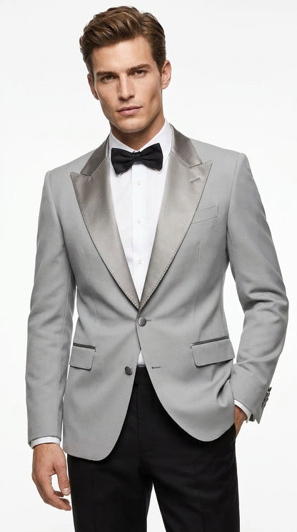 Men’s Silver Dinner Jacket – Satin Peak Lapel Tuxedo Blazer for Weddings, Prom & Formal Events in color silver grey