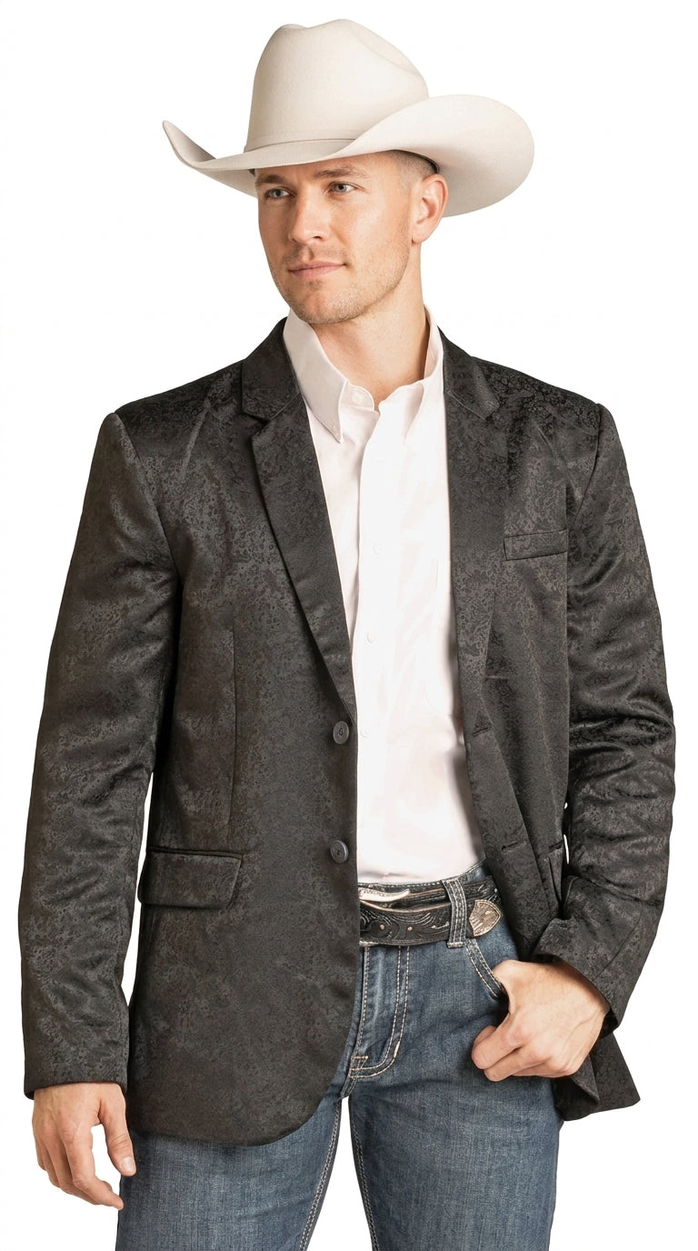 Men’s Black Western Paisley Blazer – Cowboy Jacquard Sport Coat
