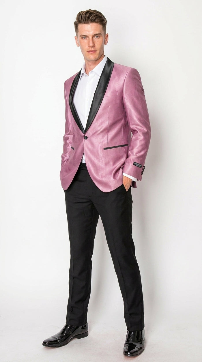 Men’s Shiny Pink Tuxedo Dinner Jacket with Black Pants – Shawl Lapel Formal Tuxedo