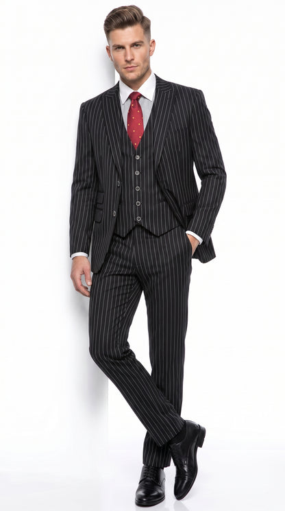 Men’s Gomez Addams Black Pinstripe 3 Piece Suit – Vintage Gangster Gothic Style Suit