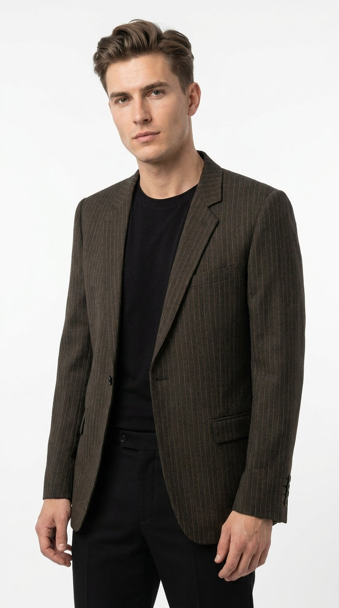 Men’s Vintage Dark Brown Pinstripe Blazer – Classic Retro Sport Coat Outfit