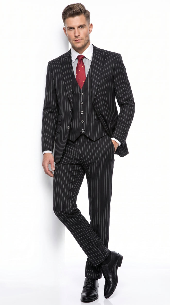 Men’s Beetlejuice Black Pinstripe 3 Piece Suit – Vintage Gothic Halloween Costume Suit
