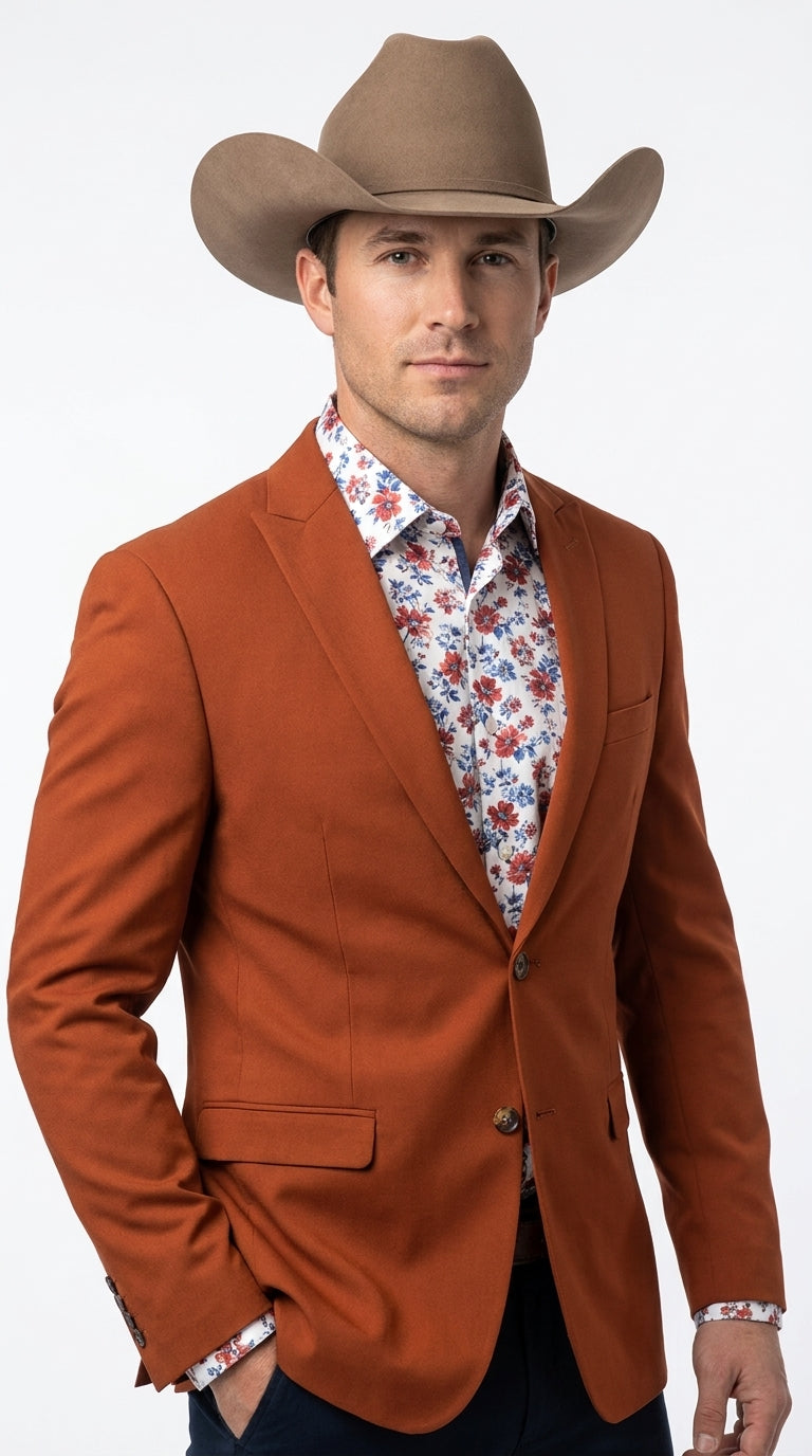 Men’s Rust Cowboy Western Blazer – Copper Brick  Color Two Button Sport Coat Peak Lapel Modern Fit