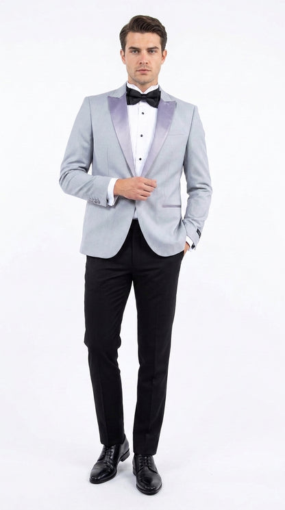 Men’s Silver Grey Dinner Jacket with Black Pants – Formal Wedding Prom Tuxedo Blazer Outfit Suit