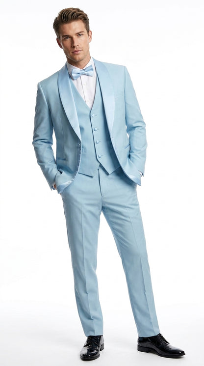 Men’s Powder Blue 3-Piece Tuxedo – Light Blue Wedding & Prom Suit with Vest in Light Blue Sky Color