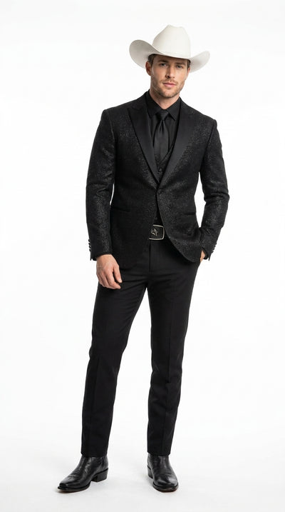 Men’s Black Western Tuxedo Blazer – Glitter Sequin Fabric Shimmer Cowboy Dinner Jacket