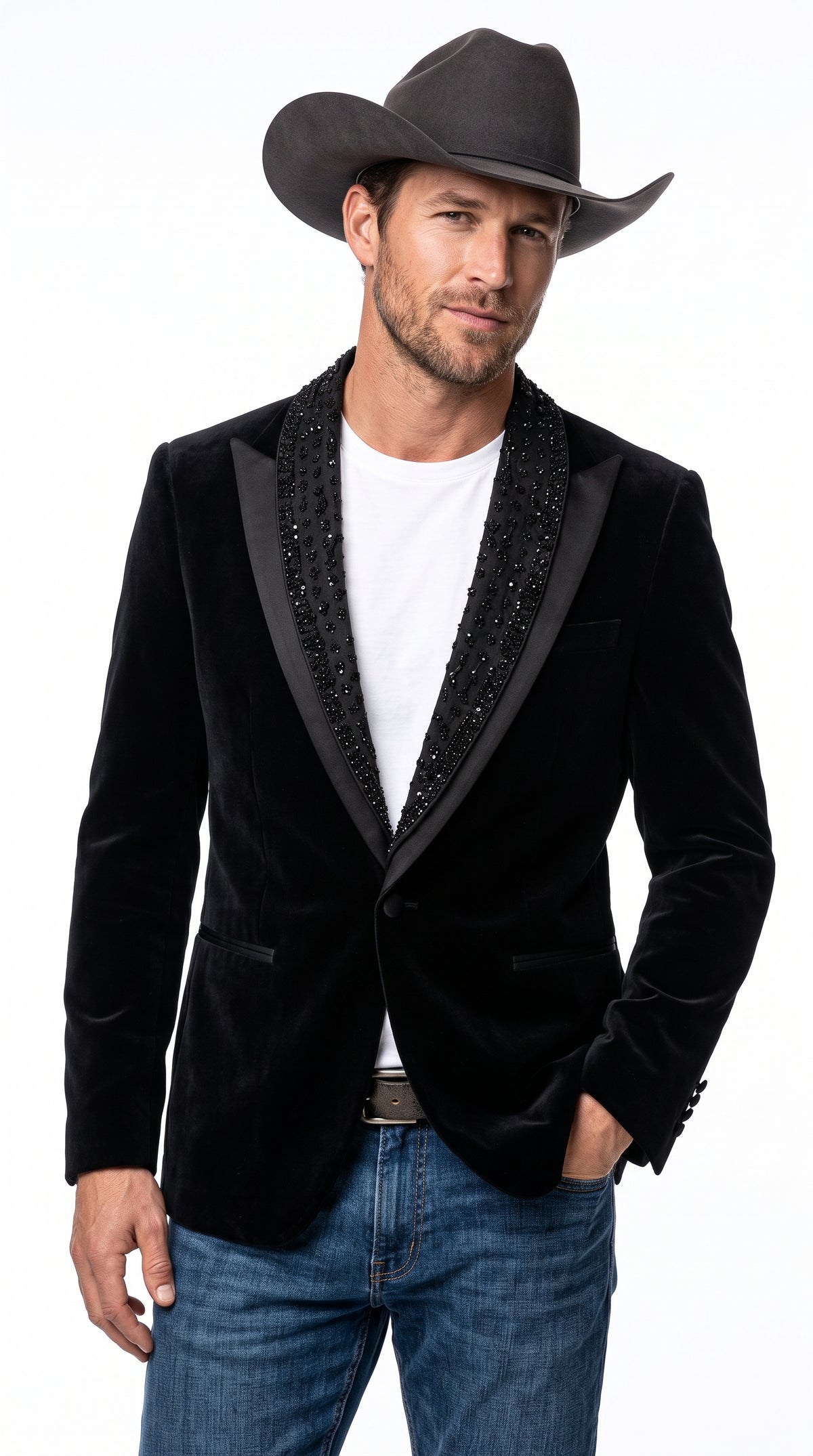 Men’s Black Velvet Western Blazer – Rhinestone Formal Cowboy Sport Jacket Removable Rhinestone Glitter Lapel