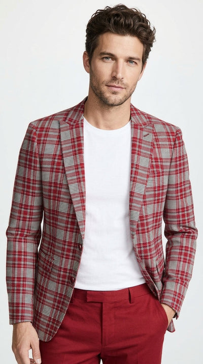 Men's Red Tartan Plaid Blazer Checkered Sport Coat Holiday New Year Gray Windowpane