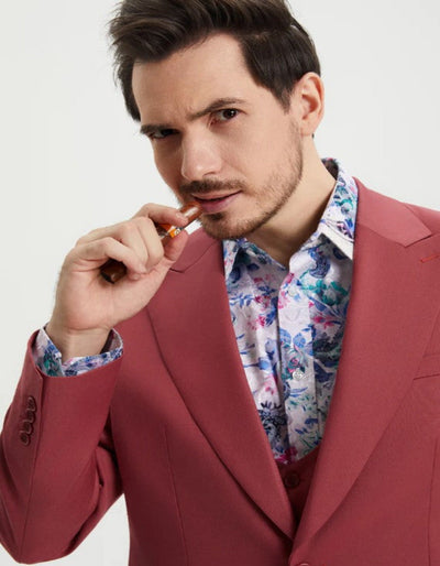 Men's One Button Peak Lapel Side Vent Flat Front Pant Suit in Coral Blush Pink 6   - from alligatorwarehouse.com