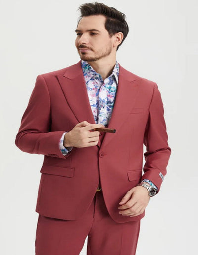 Men's One Button Peak Lapel Side Vent Flat Front Pant Suit in Coral Blush Pink 3   - from alligatorwarehouse.com