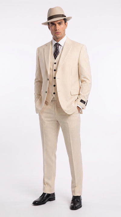 Men’s Ivory Cream Pinstripe Scarface Suit – Vintage Gangster Modern Fit 3-Piece Wedding Suit