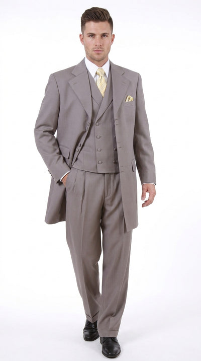 Men’s Light Kahki Sand 3-Piece Suit – Six-Button Jacket with Double-Breasted Vest and Pleated Pants Tan color