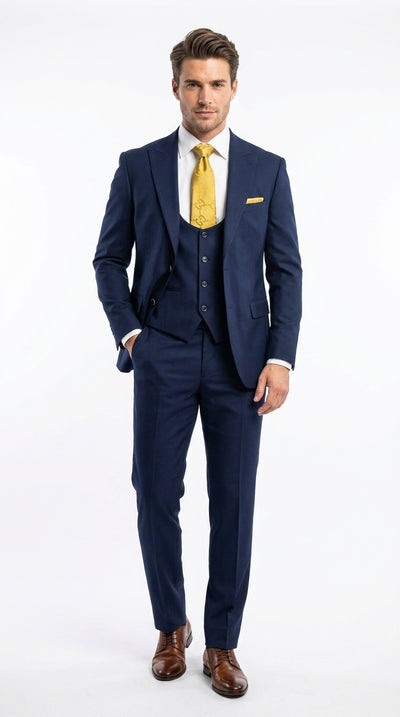 Mens Vitali 3 Piece Suit W/Scoop Vest Navy Blue 3-Piece Suit – Big Peak Lapel  Vest and Pants  Modern Fit Two Buttons