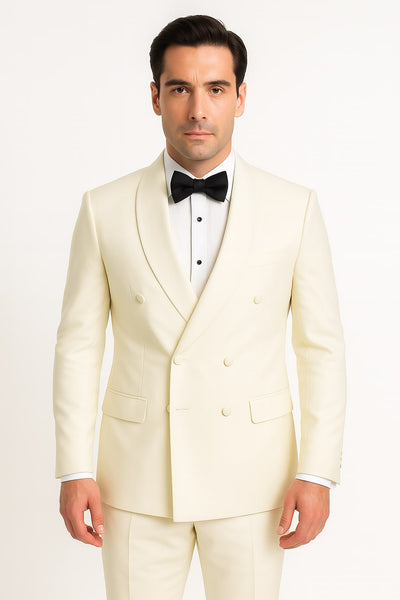 Mens Off-White Double Breasted Tuxedo Jacket with Shawl Lapel | Formal Wedding Suit in Ivory Cream Color 1   - from alligatorwarehouse.com