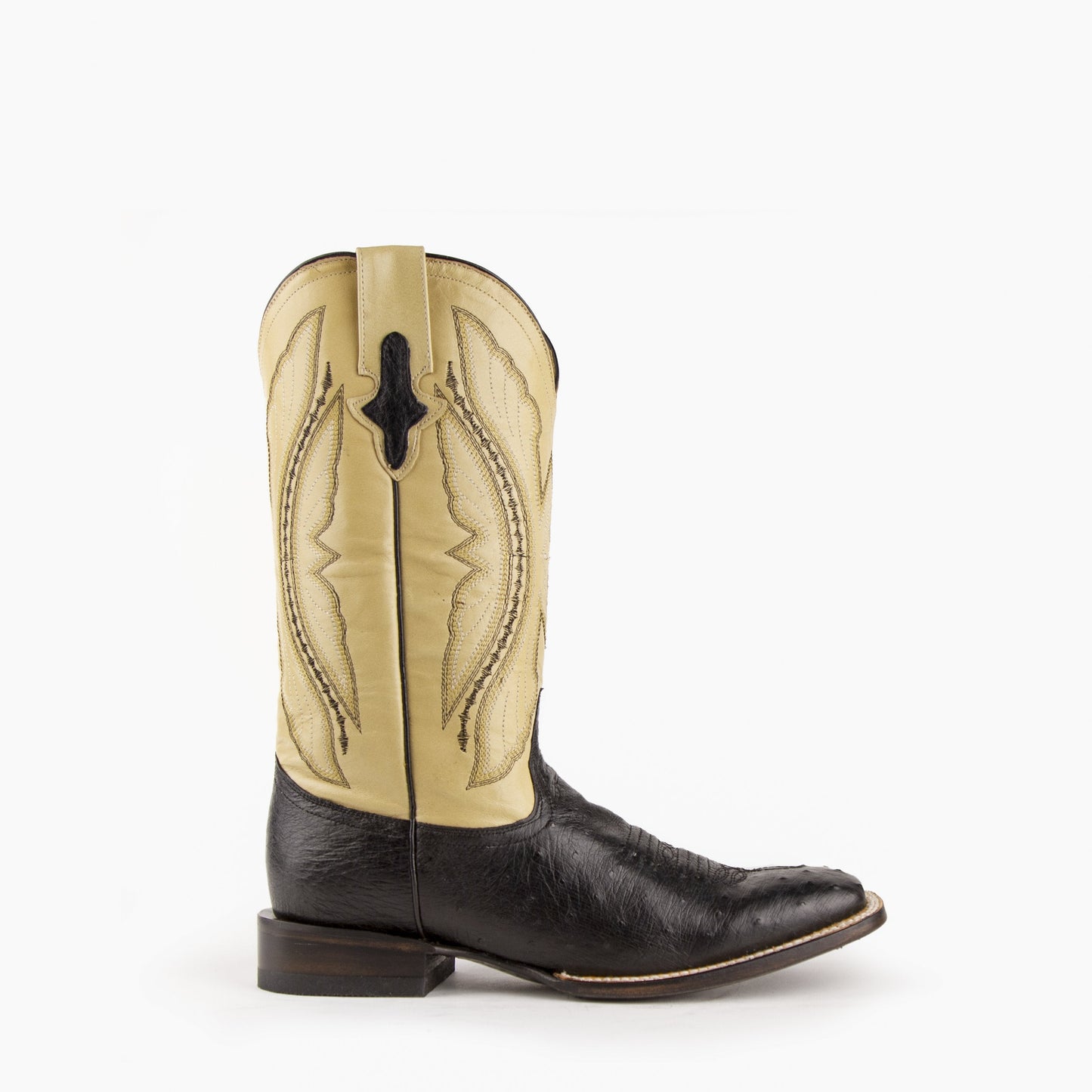 Mens Ferrini Square Toe Smooth Ostrich Cowboy Boot in Black & Saddle