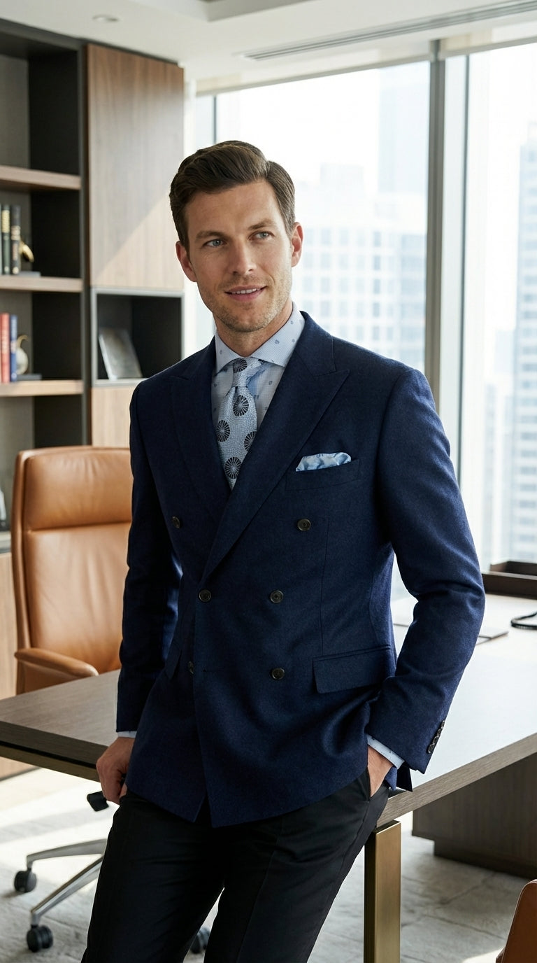 Mens Navy Blue Double Breasted Blazer – Classic Formal Suit Jacket for Business, Wedding, Office and Professional Wear