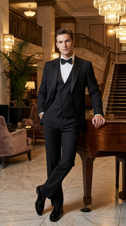 Men’s Black Boot Cut 3-Piece Tuxedo Suit – Peak Lapel Wedding, Prom and Formal Suit 1970s Style