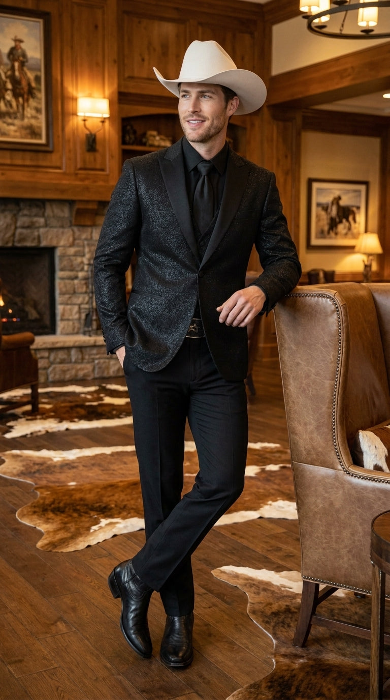 Men’s Black Western Tuxedo Blazer – Shimmer Cowboy Dinner Jacket Shiny Sparkely