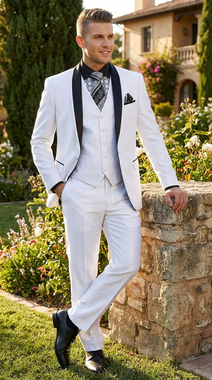Men’s White Shiny Flashy Fabric Tuxedo Suit with Black Shawl Lapel | Luxury Formal Wedding and Evening Suits Sharkskin Metallic Fabric