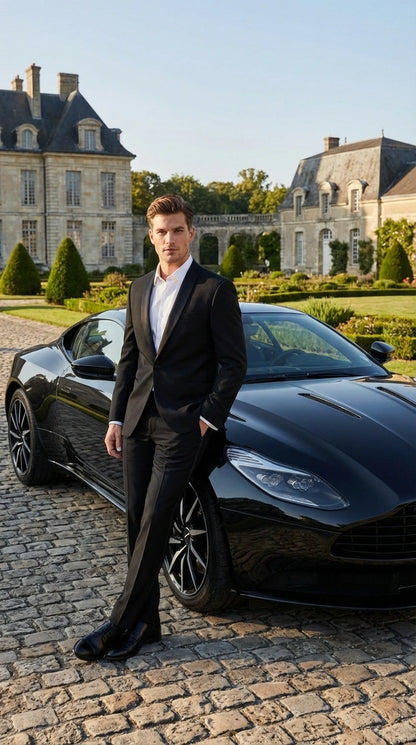 Tiglio Designer Men’s Black Single Button Tuxedo Suit – Formal Black Business and Wedding Suit Shawl Collar  Super 150's Wool Fabric