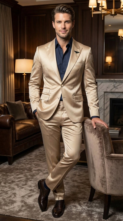 Mens Shiny Champagne Gold Two Piece Suit – Luxury Formal Satin Finish Suit for Wedding, Party and Evening Wear