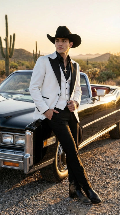 Men’s White Cowboy Tuxedo with Black Satin Lapel – Western Formal Suit with Matching Vest