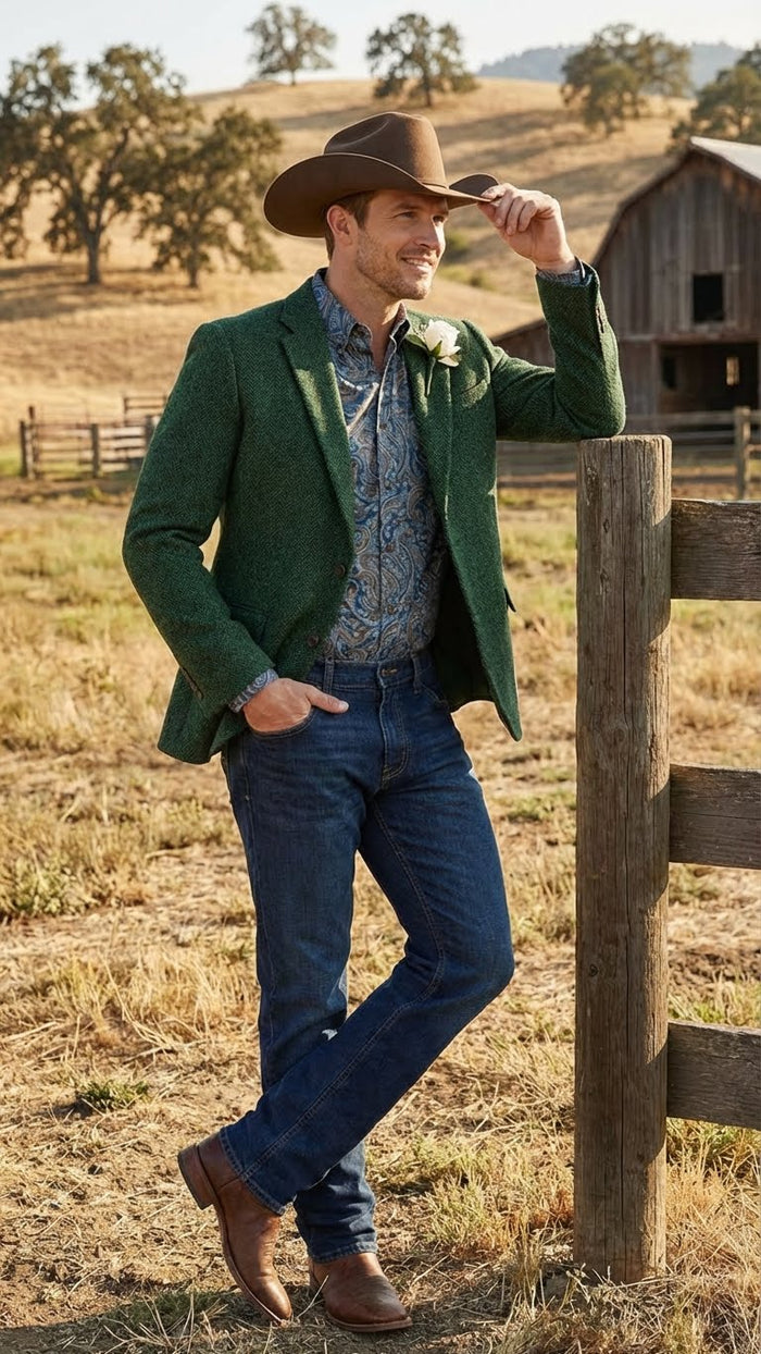 Men’s Green Western Blazer Jacket – Classic Cowboy Style Sport Coat for Wedding, Party and Formal Events