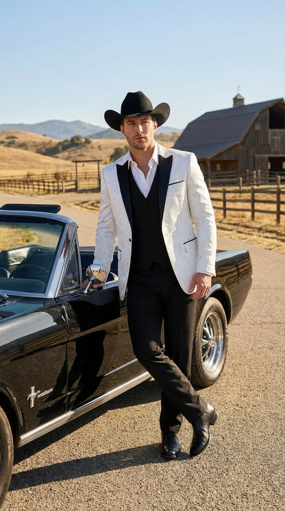 Men’s White Paisley Cowboy Tuxedo with Black Satin Lapel – Western Formal Wedding Suit Jacket