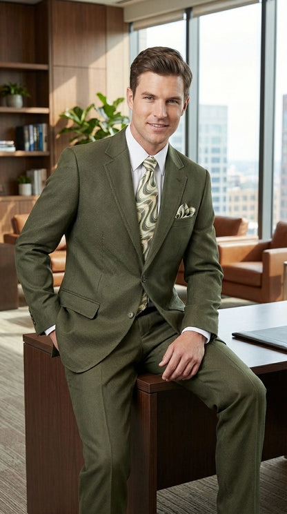 Men’s Olive Green Tuxedo With Trim Collar – Formal Wedding, Prom Suit Modern Fit