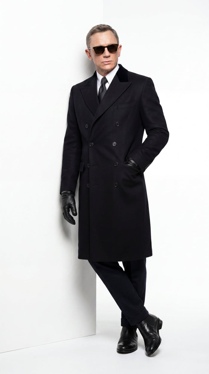 Men’s Black Double Breasted Overcoat, James Bond Inspired Long Formal Coat for Weddings, Business Events, Parties, and Winter Occasions