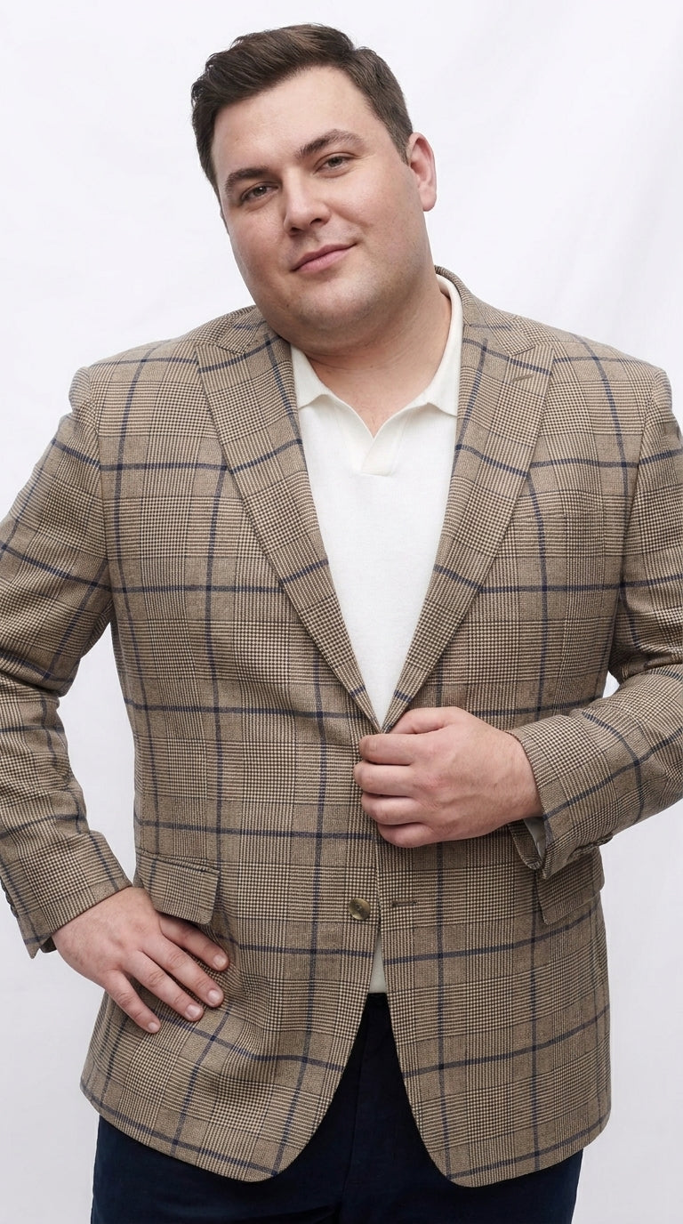 Men’s Tan Beige Peaky Blinders Glen Plaid Blazer English Style Textured Wool Winter Sport Coat Checkered Windowpane
