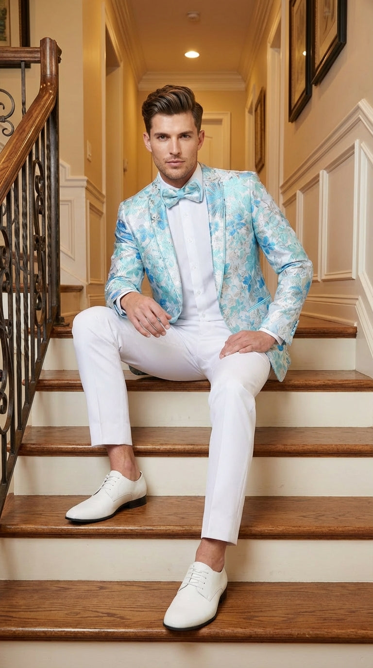 Men’s Light Blue Floral Jacquard Tuxedo Jacket with Matching Bow Tie | Formal Prom Wedding Blazer + Bowtie Turqoise Aqua Color