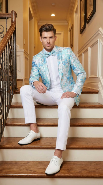 Men’s Light Blue Floral Jacquard Tuxedo Jacket with Matching Bow Tie | Formal Prom Wedding Blazer + Bowtie Turqoise Aqua Color