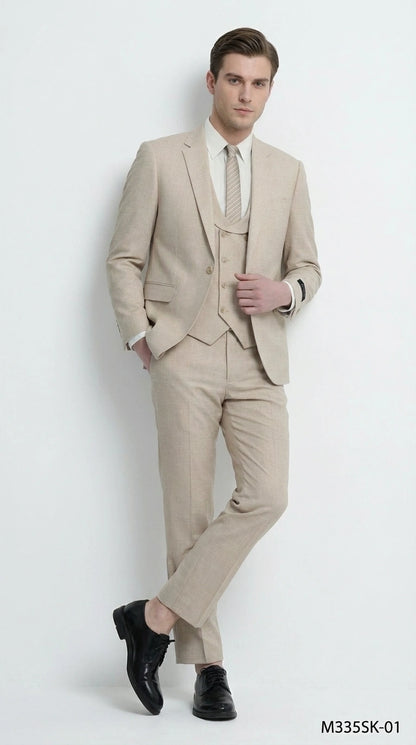 Mens Sand Beige 3 Piece Suit – Double breasted Vest Formal Suit Set  and Dress Pants in Champaign Natural Summer Color