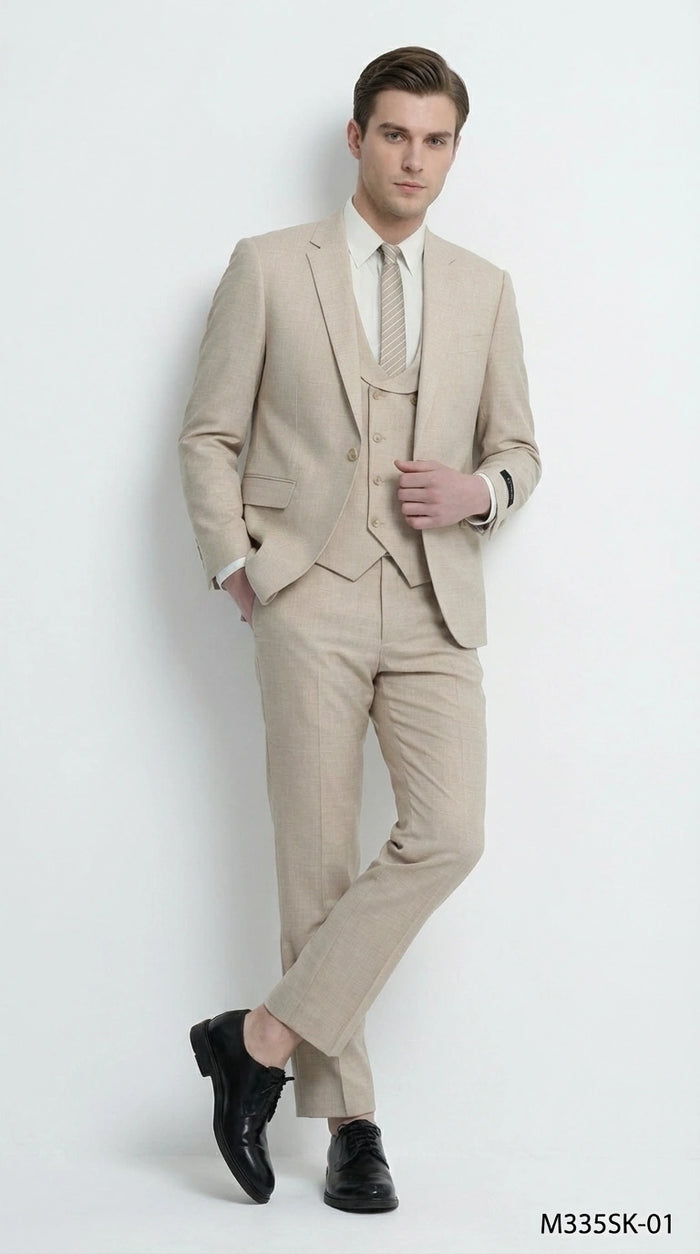 Mens Sand Beige 3 Piece Suit – Double breasted Vest Formal Suit Set  and Dress Pants in Champaign Natural Summer Color
