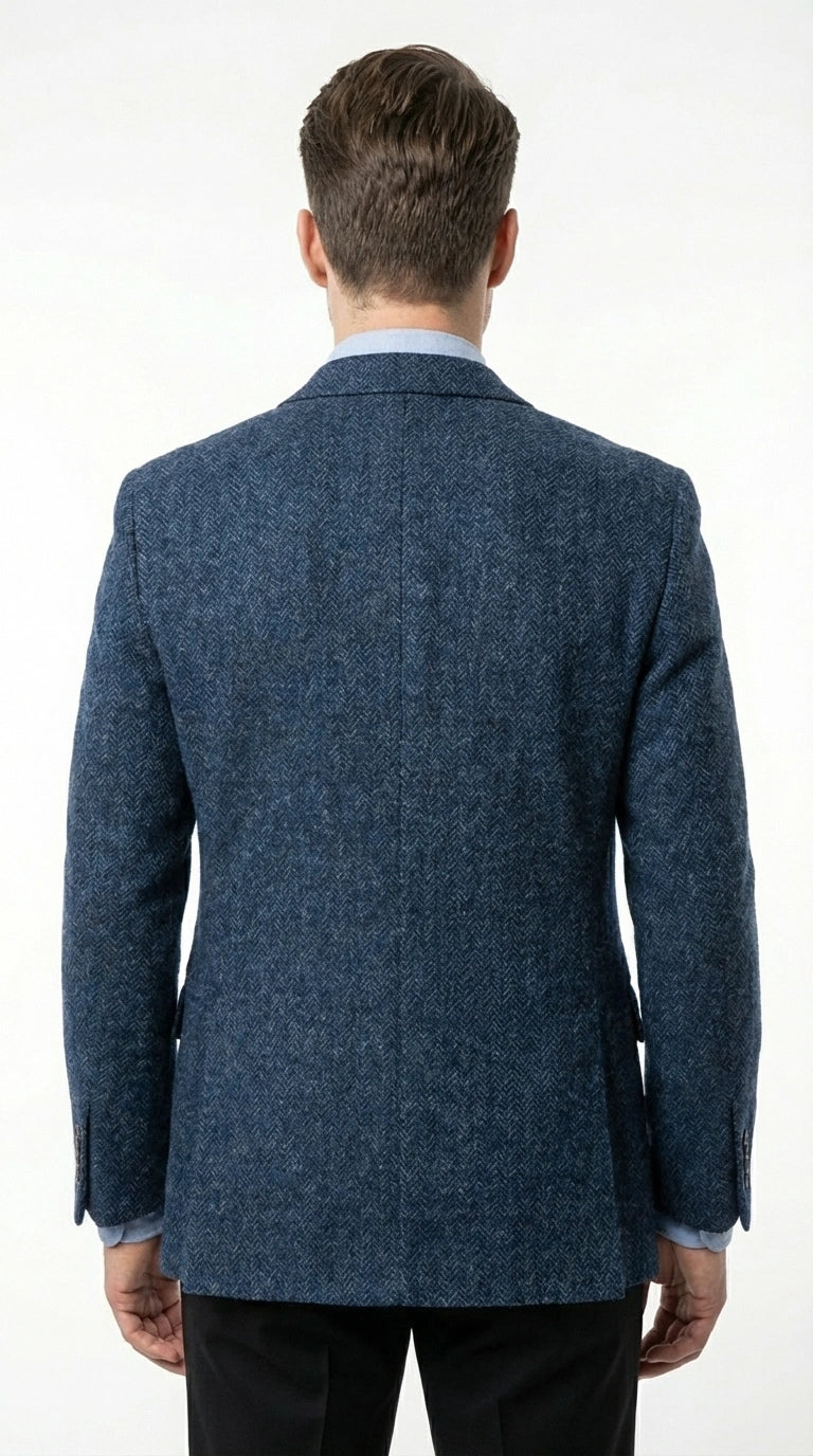 Mens Light Blue Tweed Blazer Sport Coat – Classic Herringbone Jacket Formal Business Casual Smart Outerwear in indigo cobalt blue