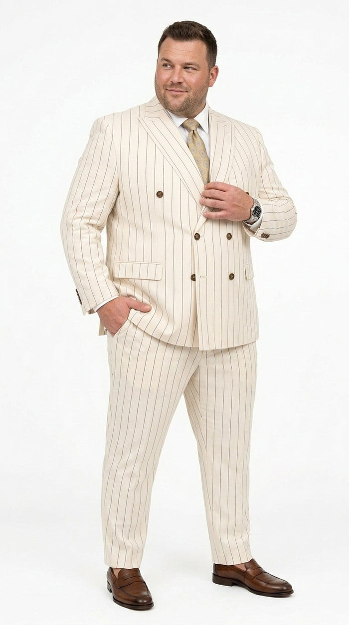 Men’s Cream Off White Pinstripe Pinstripe 2 Piece Double Breasted Suit, Summer Wedding Ivory Color By Vitali