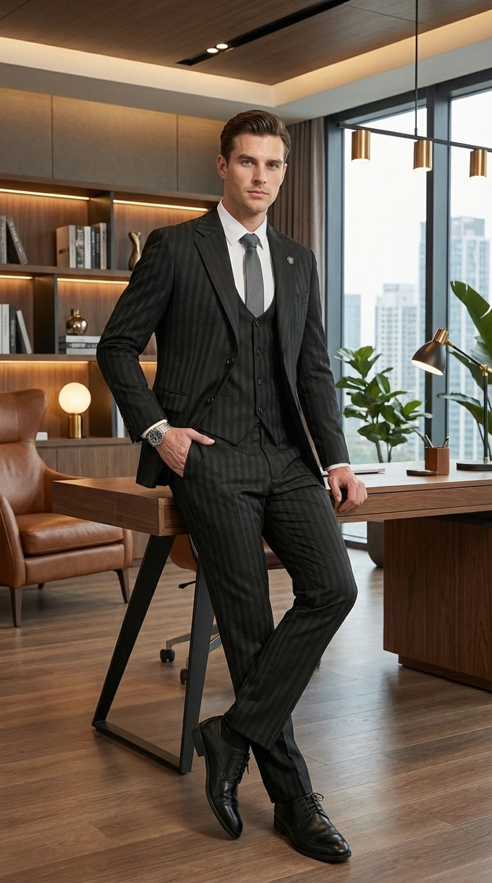 Men’s Black Pinstripe 3 Piece Suit – Vested Formal Business Suit for Wedding, Office, Prom and Party Wear