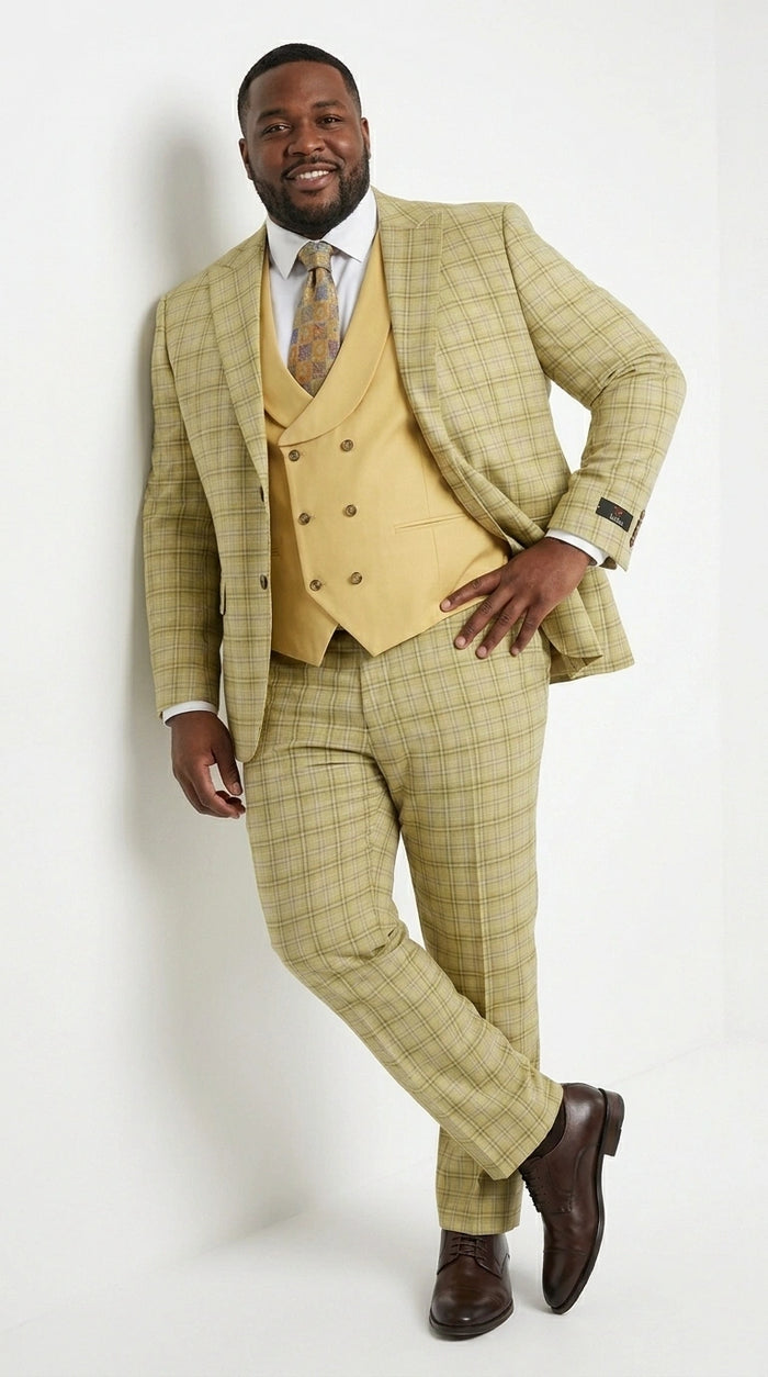 Vitali Men’s Sage Beige Tan Plaid 3 Piece Suit, Check Pattern Formal Dress Suit for Weddings, Prom, Business Events, Modern Fit Light Yellow Color